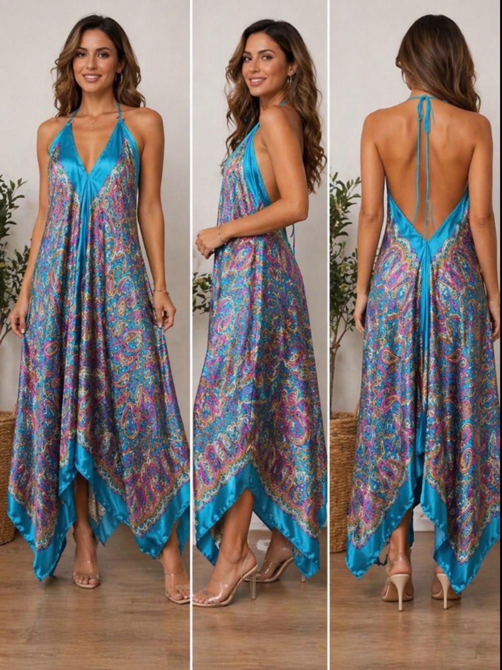 RARE - Kariza Silky Paisley Halter Maxi Dress Turquoise Boho Resort Flowing Sexy
